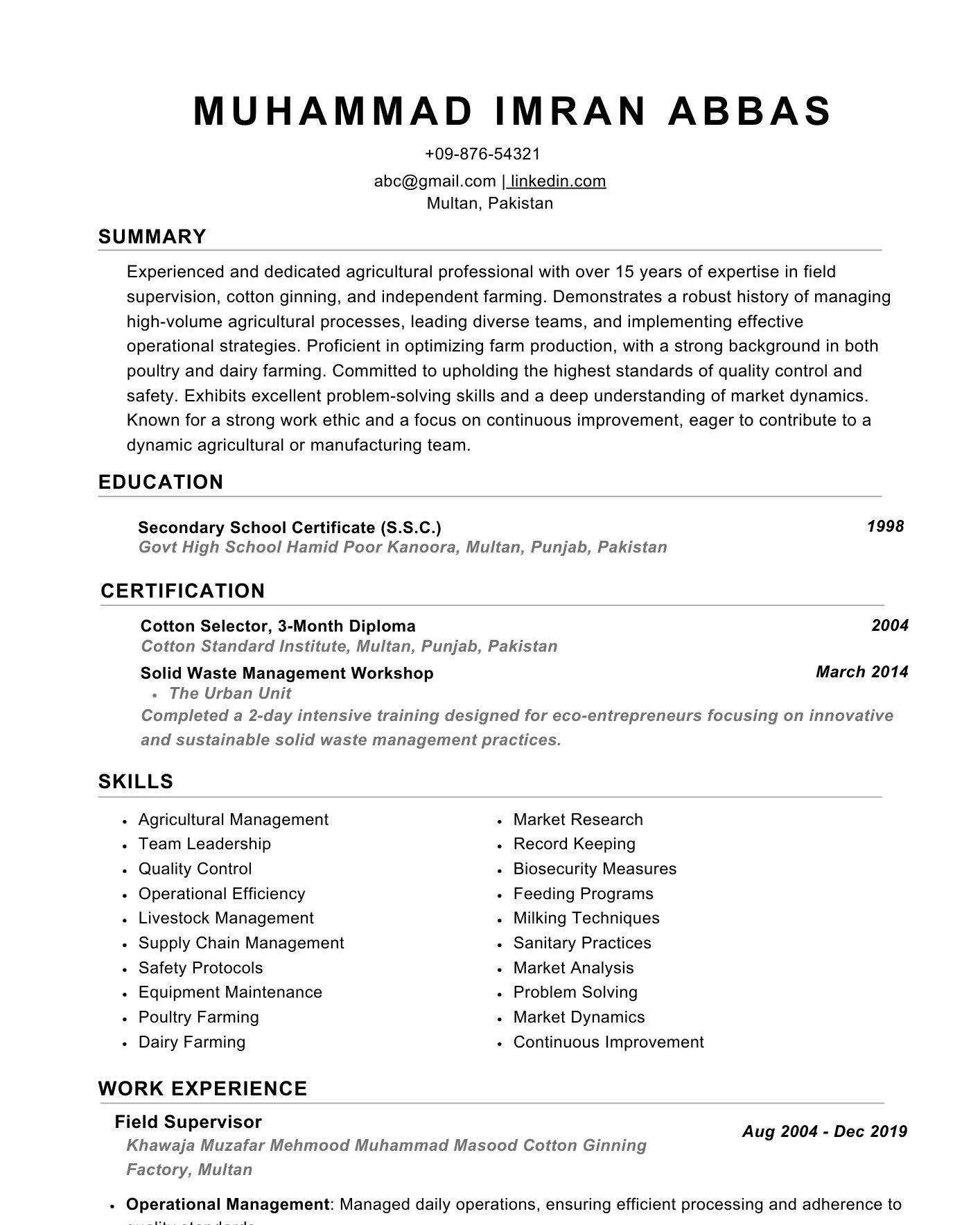 Muhammad Imran Abbas CV